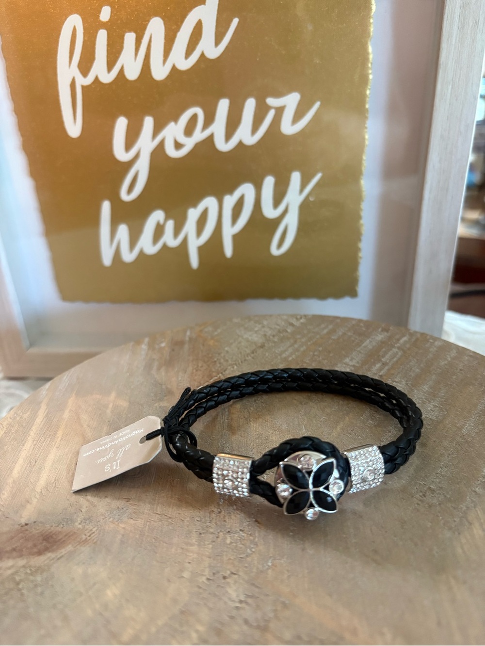 Magnolia and Vine Black Braided Leather Snap Bracelet with Crystal Flower